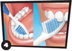 Toothbrush brushing behind front teeth on top and bottom of mouth